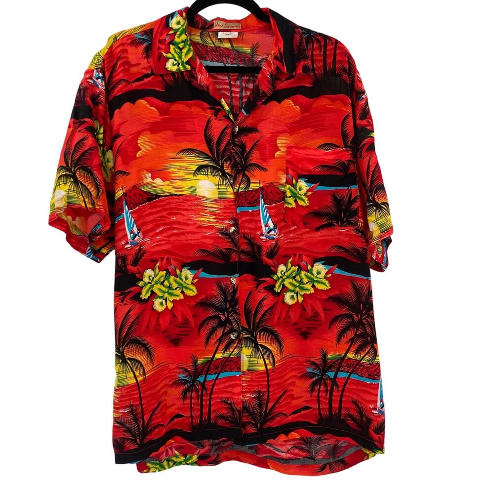 Hawaiian Tropical Palm Tree Print Tiki Rayon Button Up Shirt Vacation Beach Sm